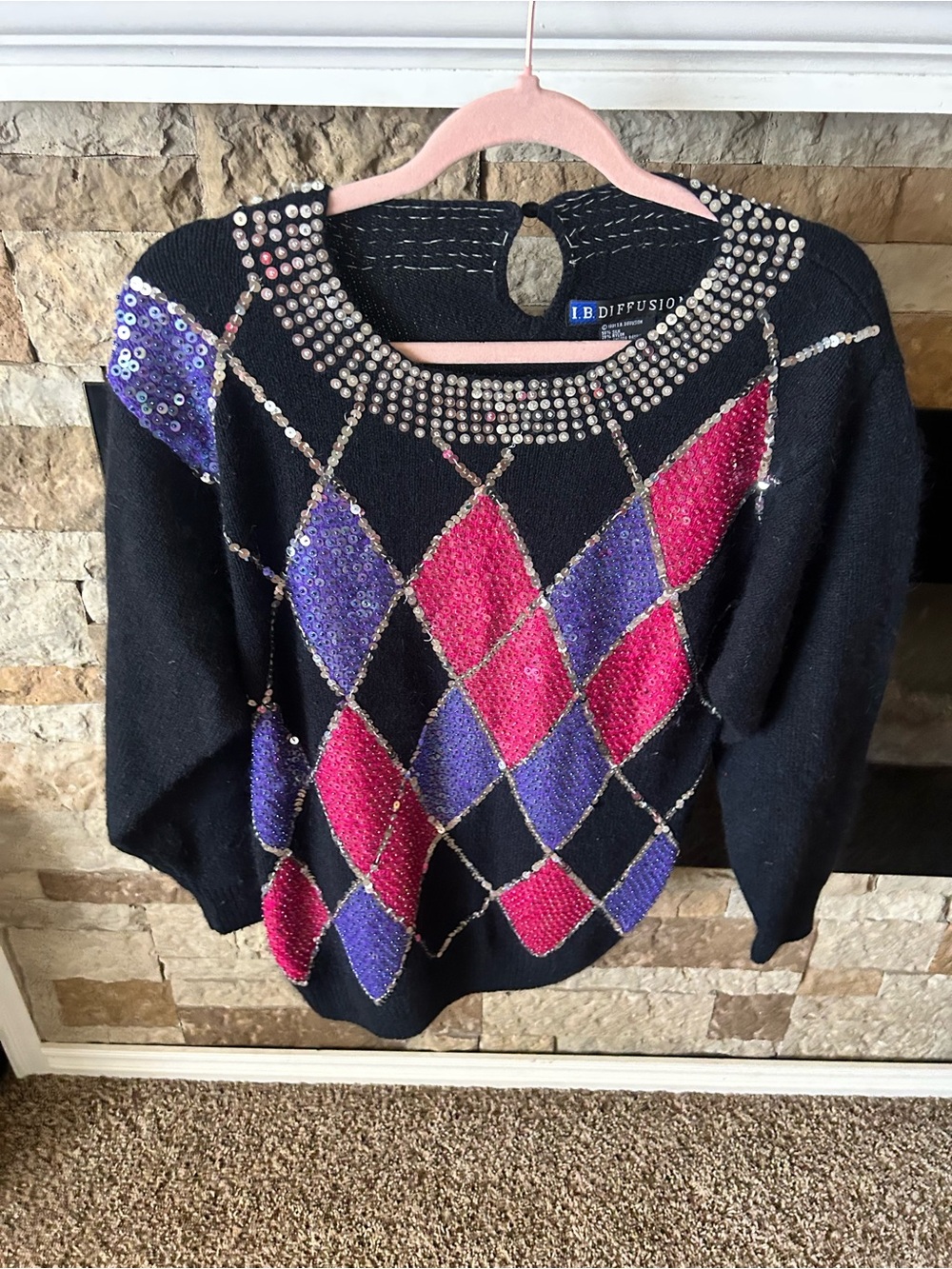 Vintage Retro IB Diffusion Studded Argyle Silk Angora Lambswool Sequin Sweater - Picture 3 of 6